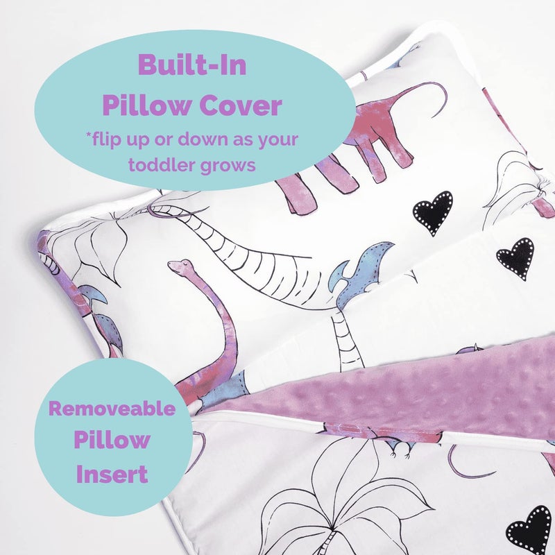 JumpOff Jo Nap Mat for Kids - Cozy Kids Rest Mat with Removable Pillow and Ultra Soft Blanket for Preschool, Daycare, and Sleepovers - Pink Dino - Image 5